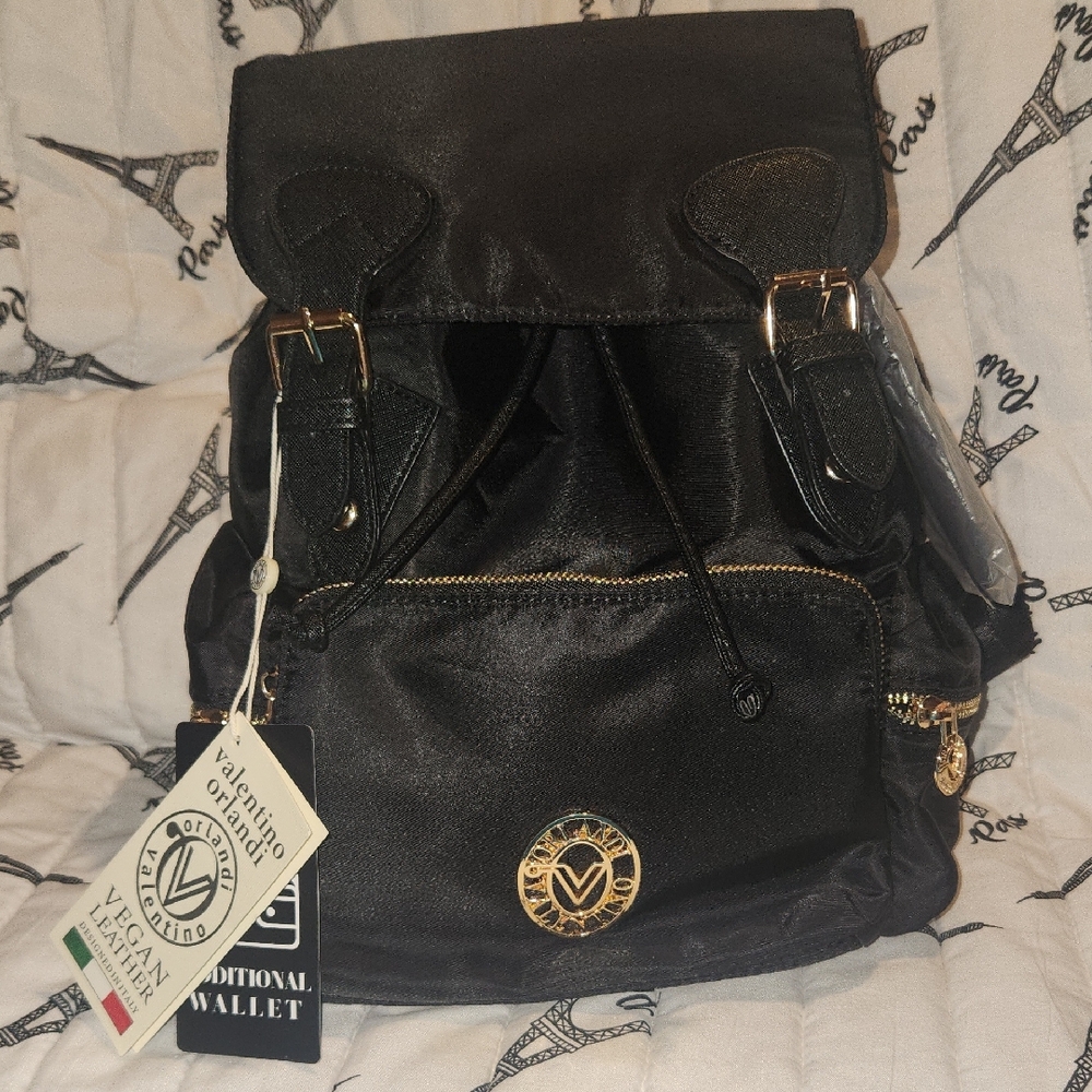 NWT Valentino Elegant Black Backpack with Gold Details
